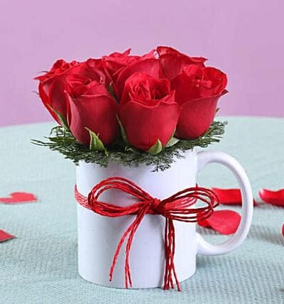 RED ROSES WITH WHITE MUG